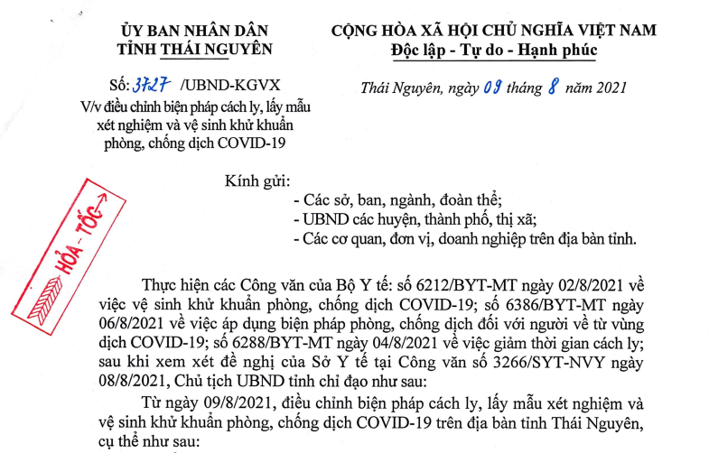 Từ Ngay 09 8 2021 điều Chỉnh Biện Phap Cach Ly Lấy Mẫu Xet Nghiệm Va Vệ Sinh Khử Khuẩn Phong Chống Dịch Covid 19 Tren địa Ban Tỉnh Thai Nguyen Tin Tức